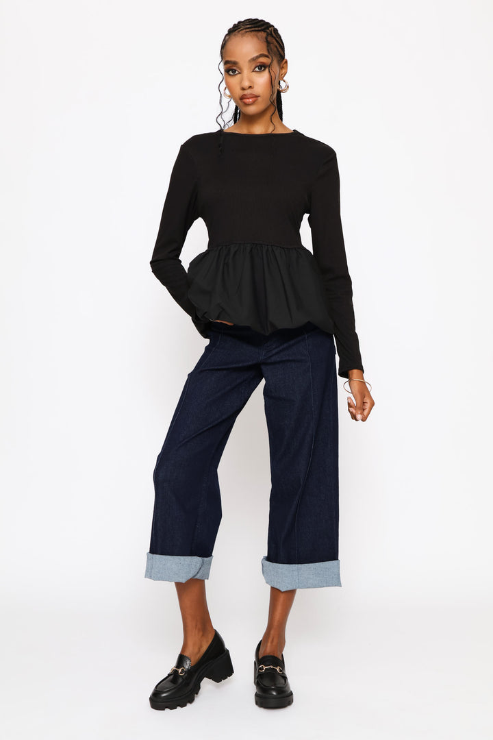 Long Sleeve Bubble Peplum Combo Top - Black
