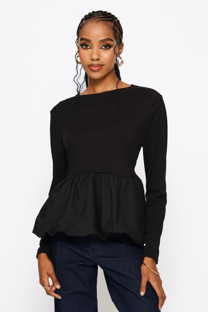 Long Sleeve Bubble Peplum Combo Top - Black
