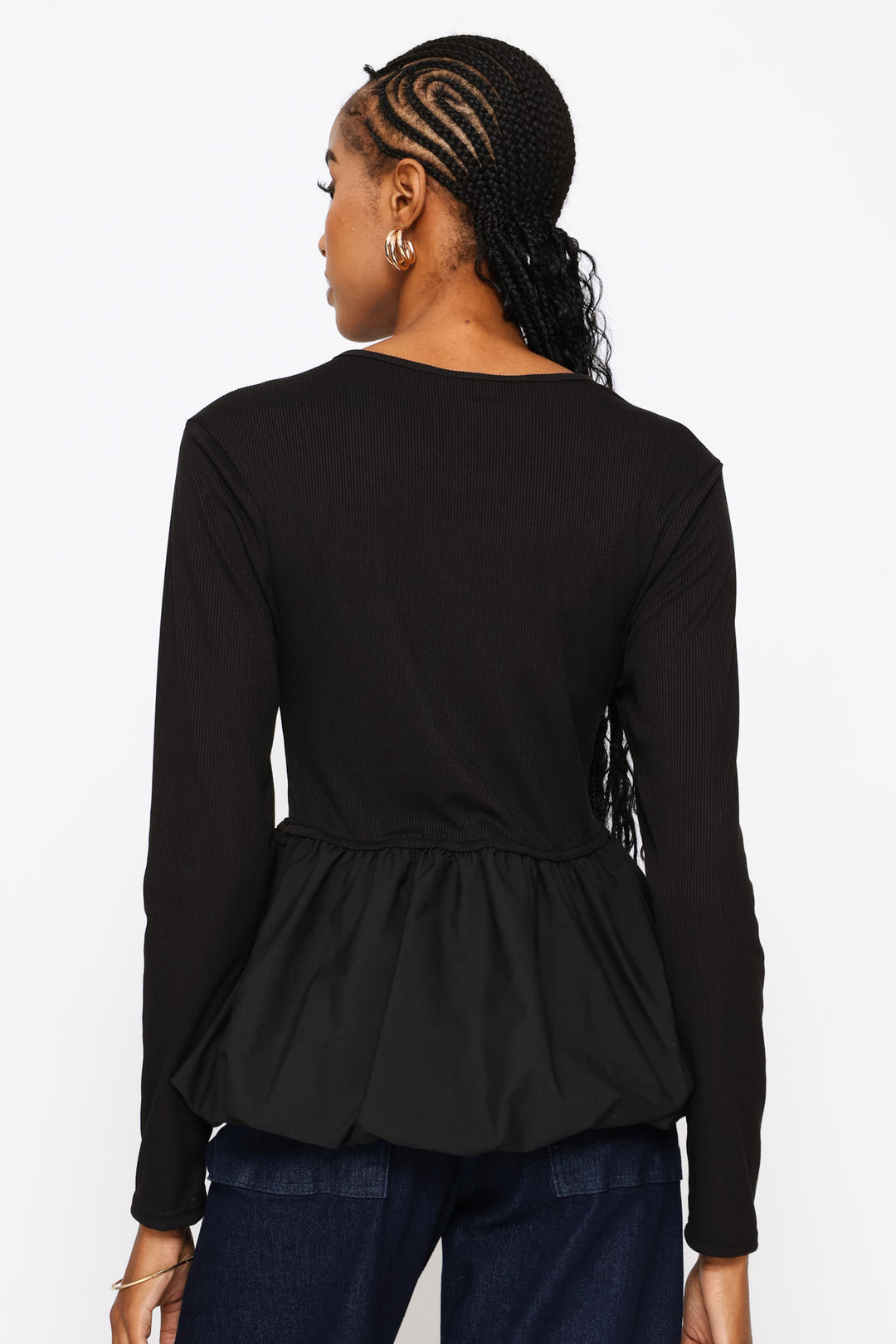 Long Sleeve Bubble Peplum Combo Top - Black