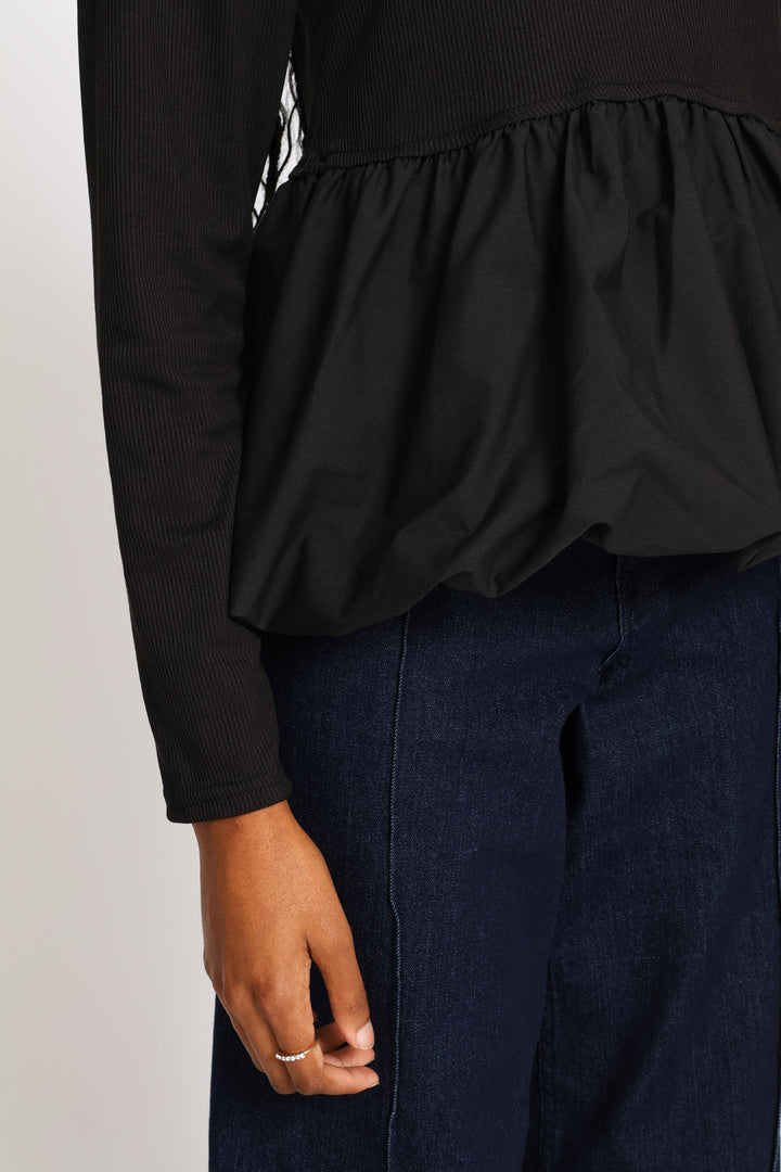 Long Sleeve Bubble Peplum Combo Top - Black