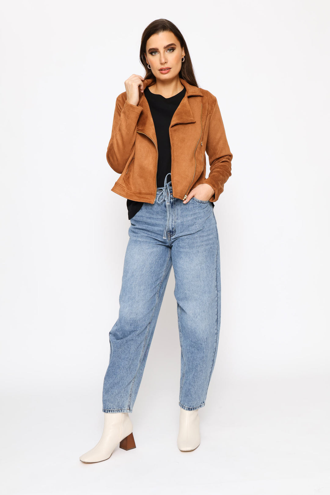 Zip Detail Suede Biker Jacket - Cognac