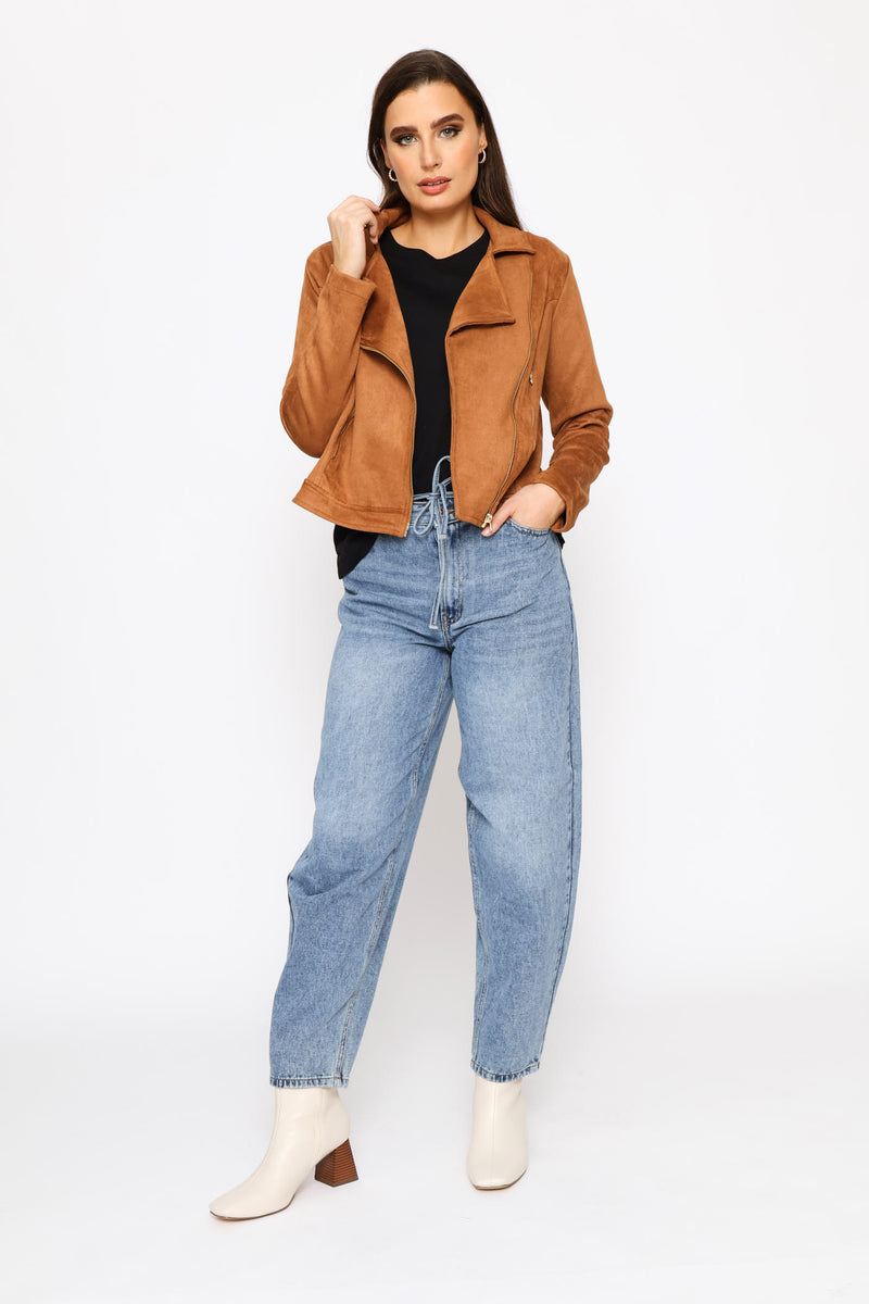 Zip Detail Suede Biker Jacket - Cognac