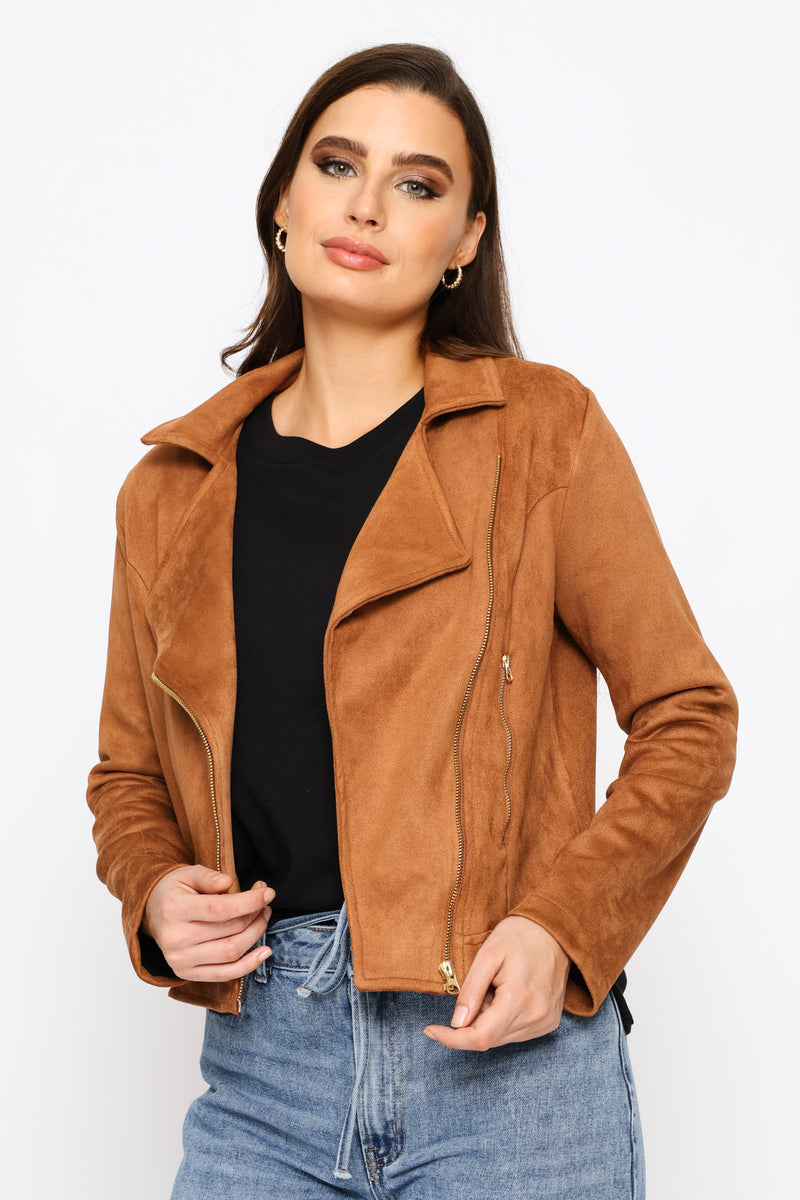Zip Detail Suede Biker Jacket - Cognac