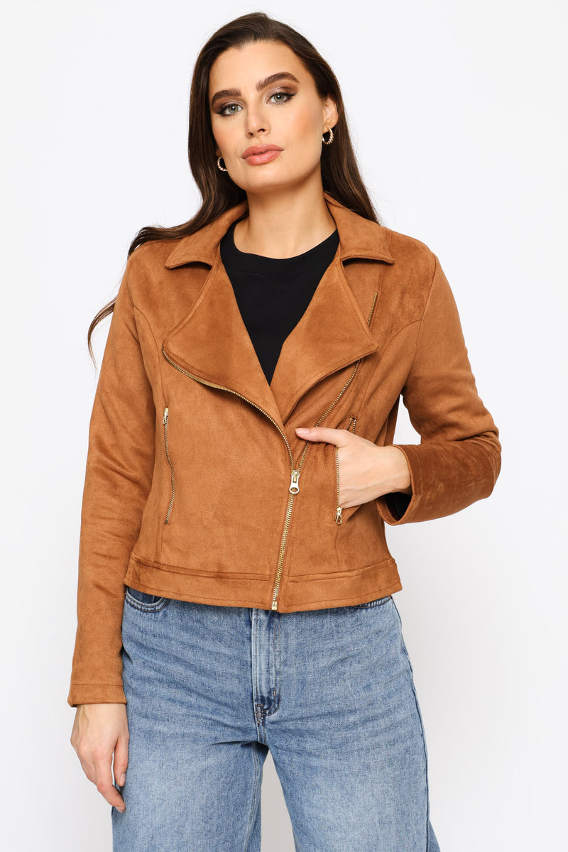 Zip Detail Suede Biker Jacket - Cognac