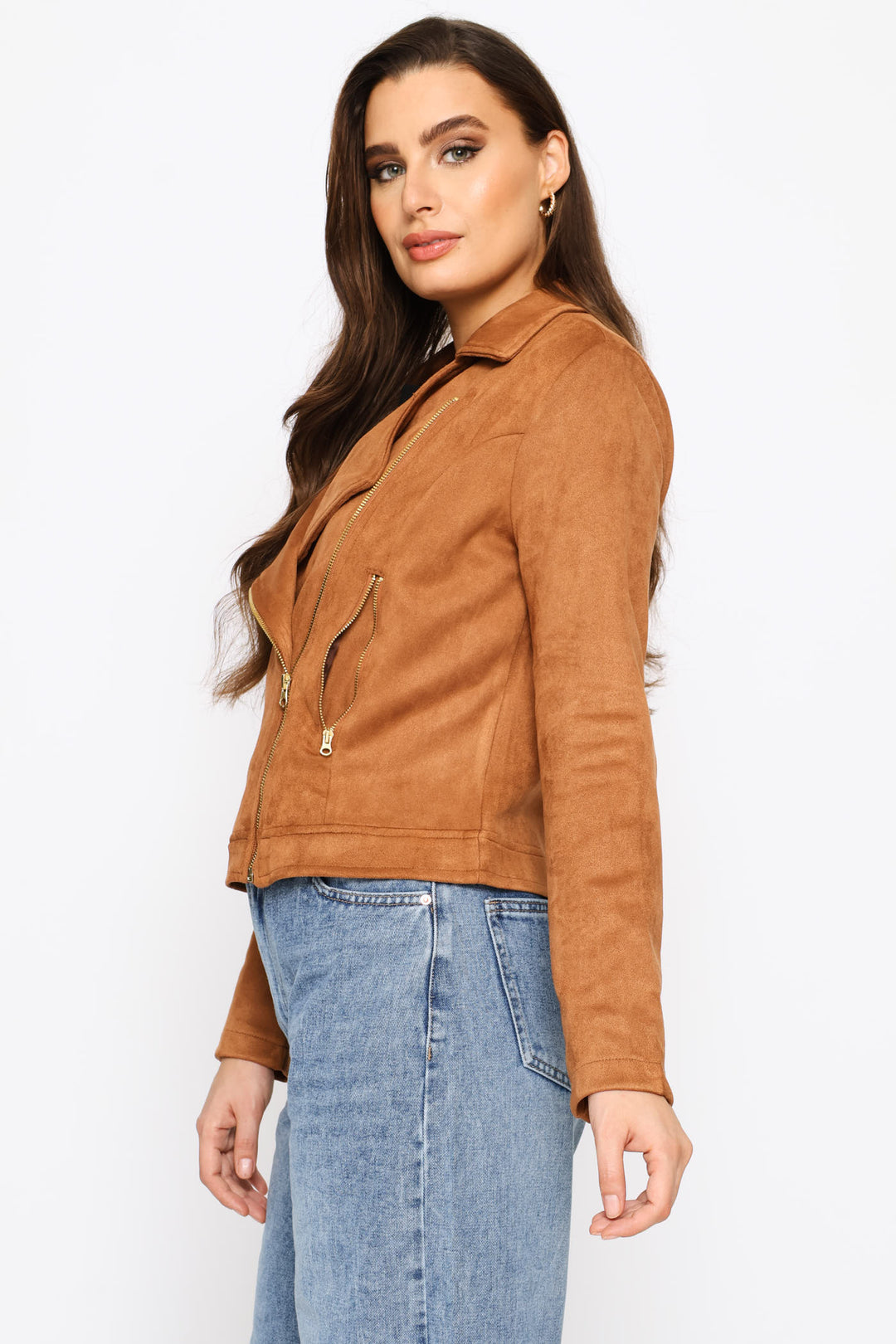 Zip Detail Suede Biker Jacket - Cognac