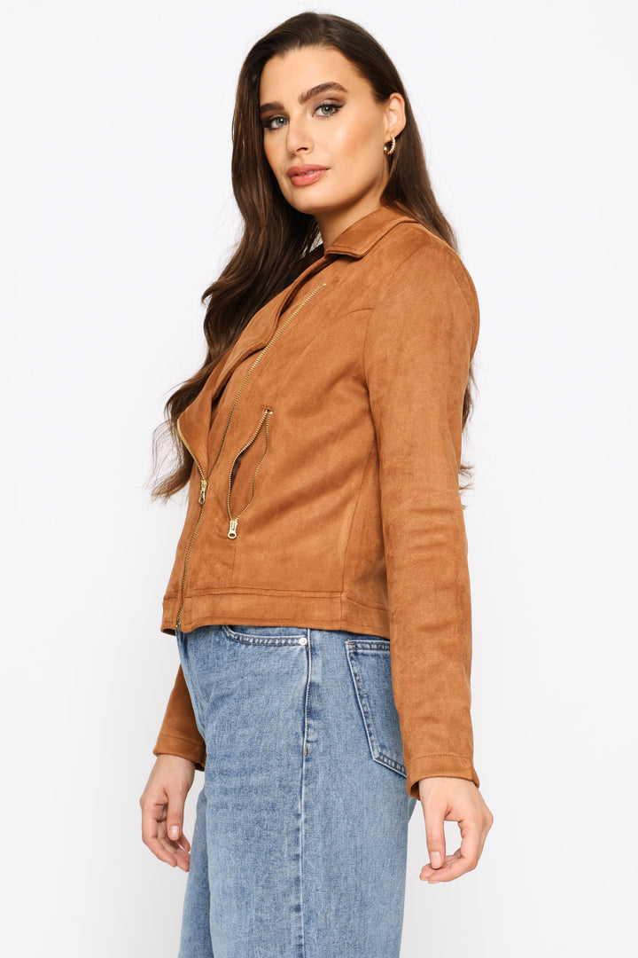 Zip Detail Suede Biker Jacket - Cognac