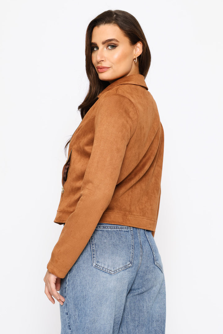 Zip Detail Suede Biker Jacket - Cognac
