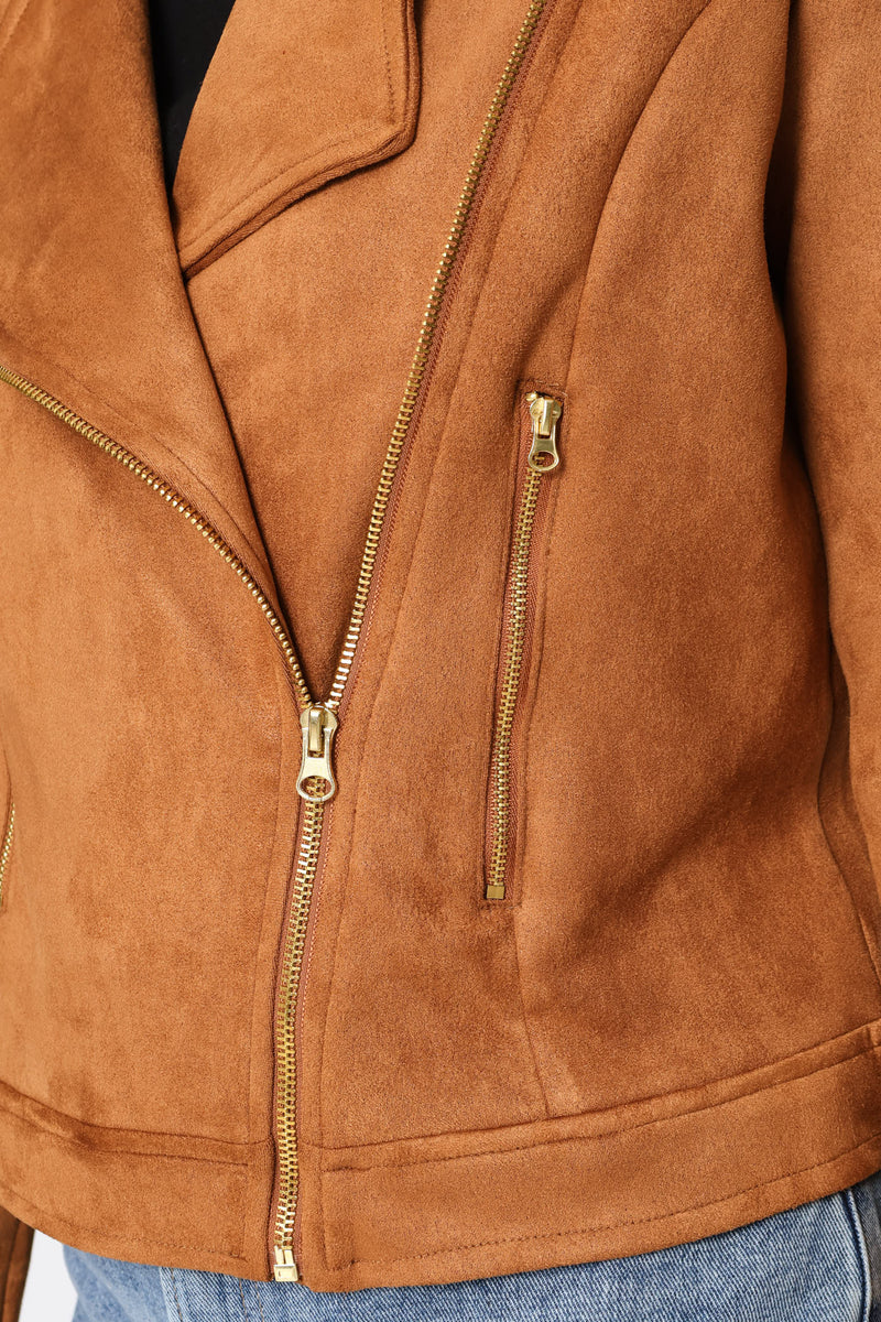 Zip Detail Suede Biker Jacket - Cognac