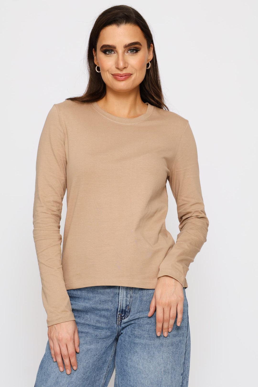 Long Sleeve Cotton Crew Tee - Dark Beige