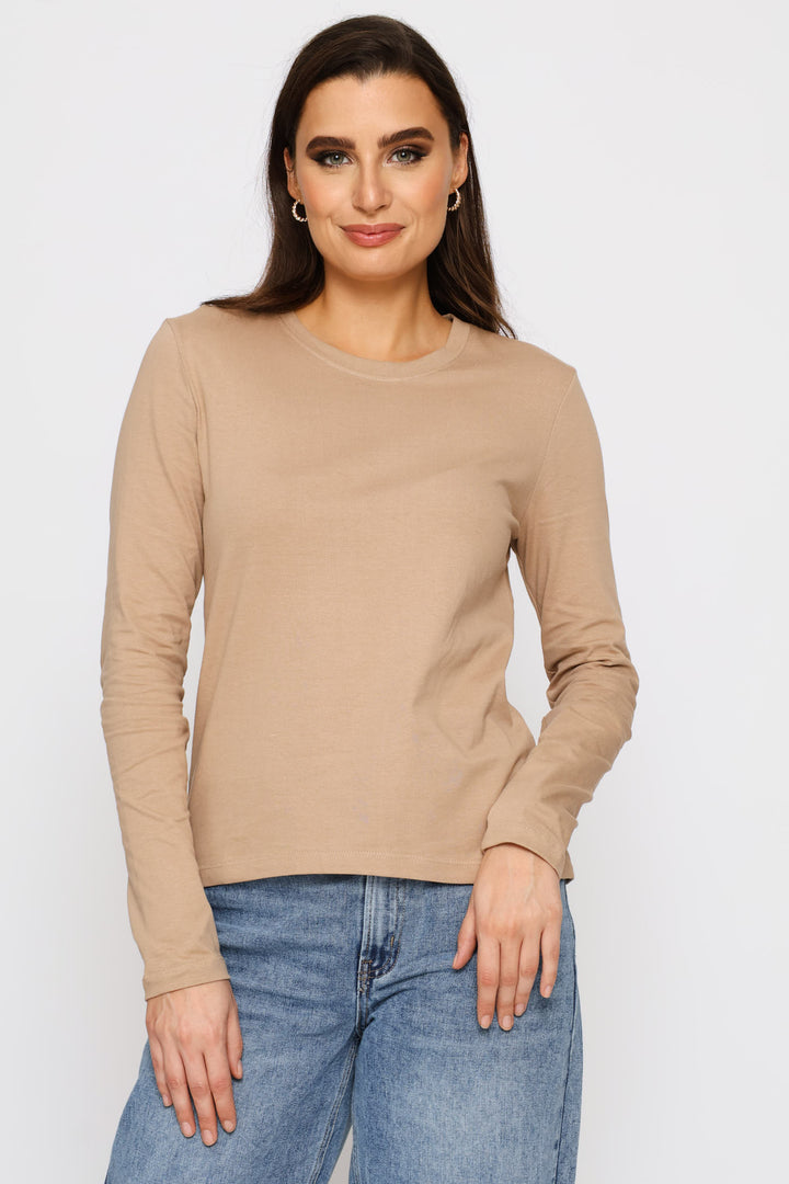 Long Sleeve Cotton Crew Tee - Dark Beige