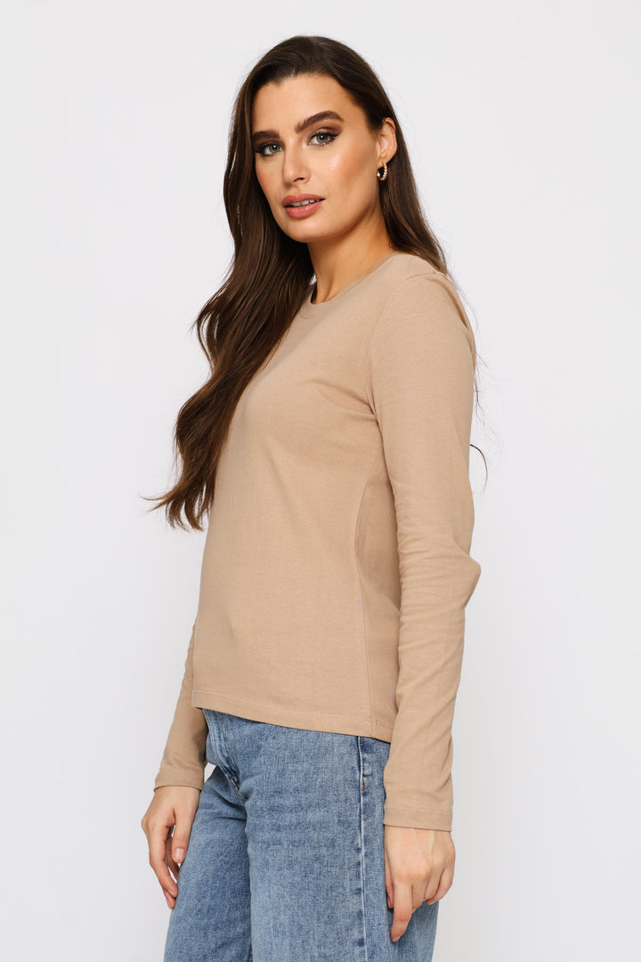 Long Sleeve Cotton Crew Tee - Dark Beige