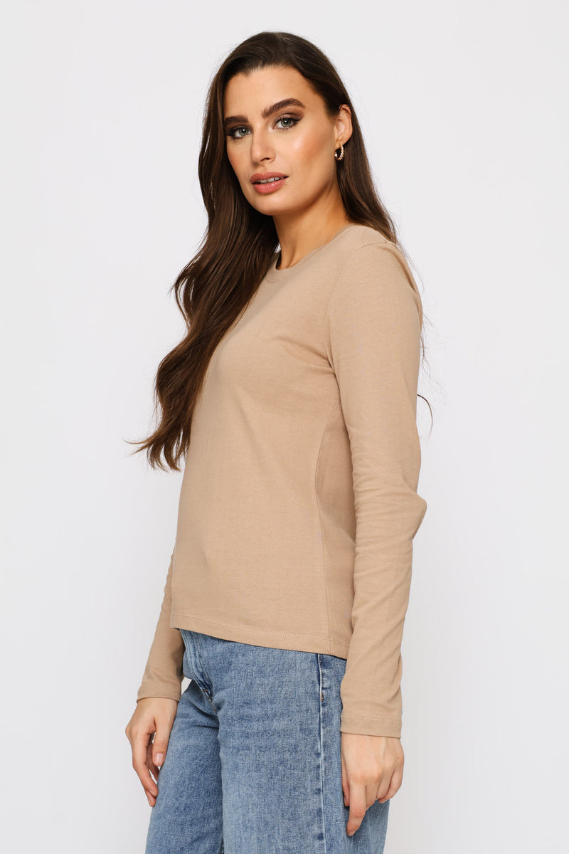 Long Sleeve Cotton Crew Tee - Dark Beige