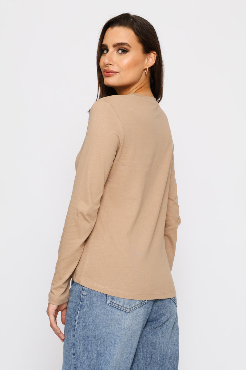Long Sleeve Cotton Crew Tee - Dark Beige