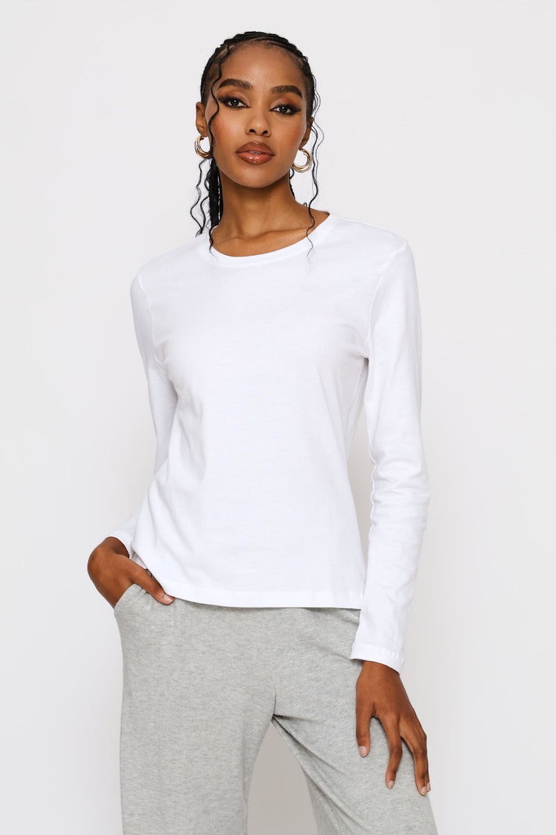 Long Sleeve Cotton Crew Tee - White