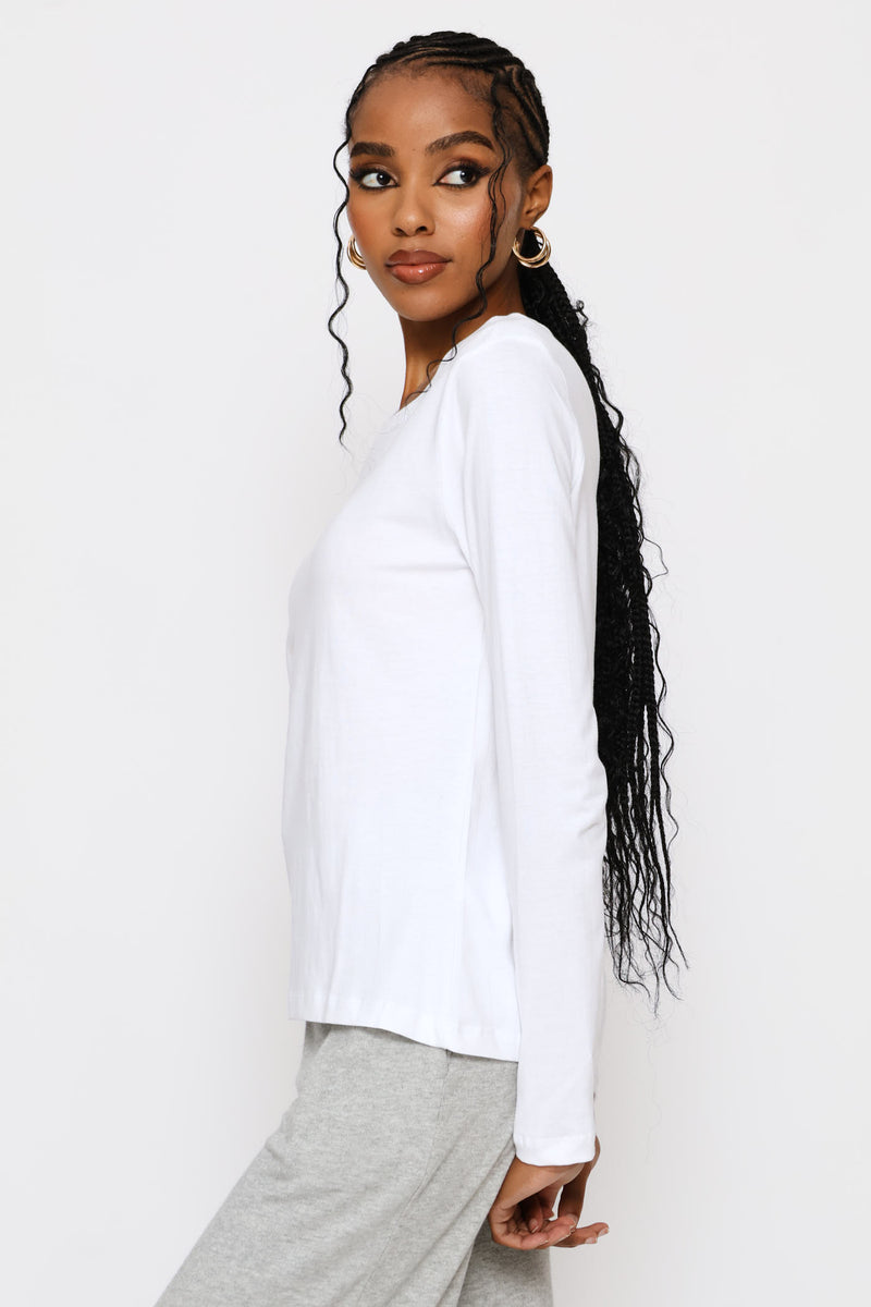 Long Sleeve Cotton Crew Tee - White
