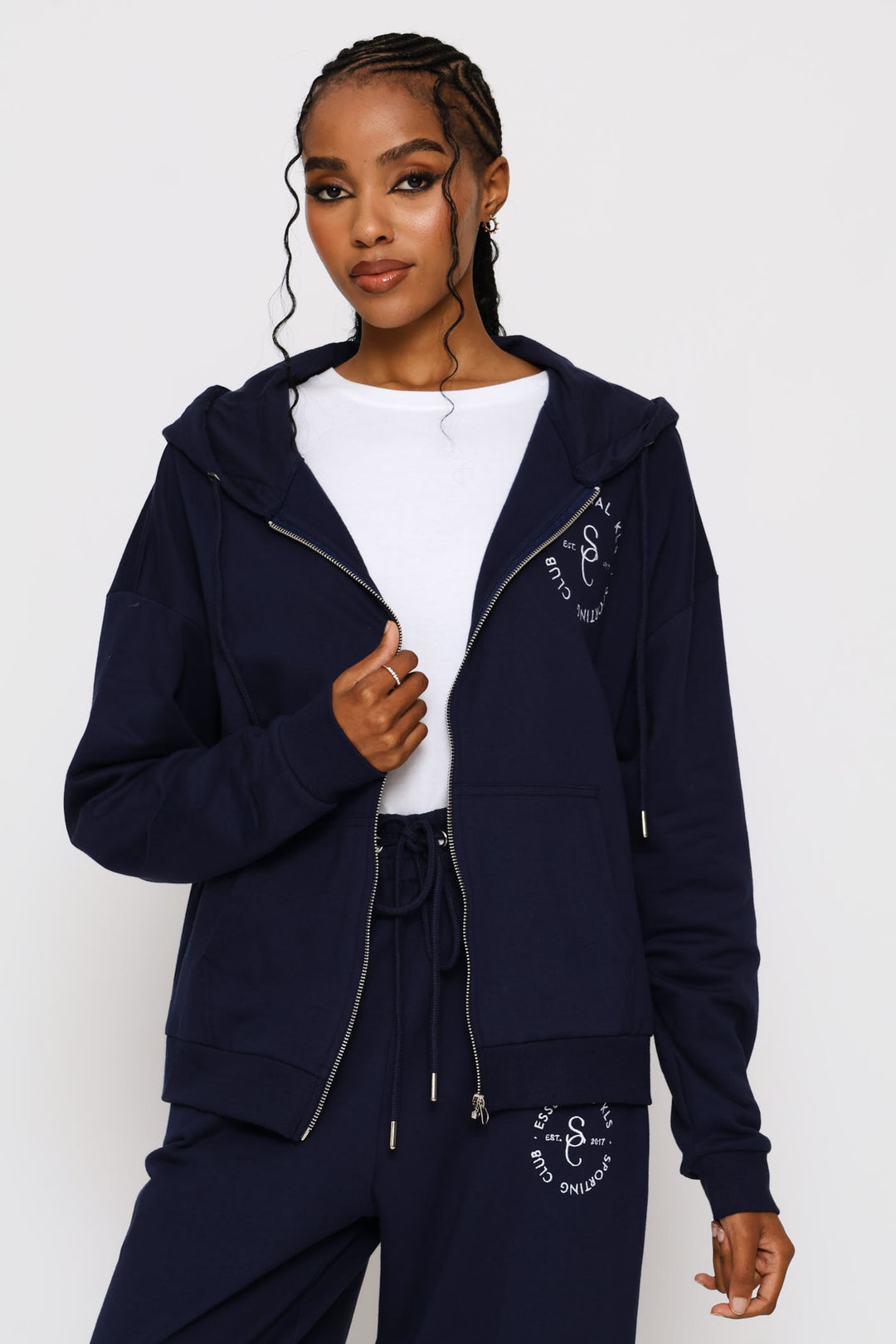 Cotton Zip Through Emblem Hoody - French Navy