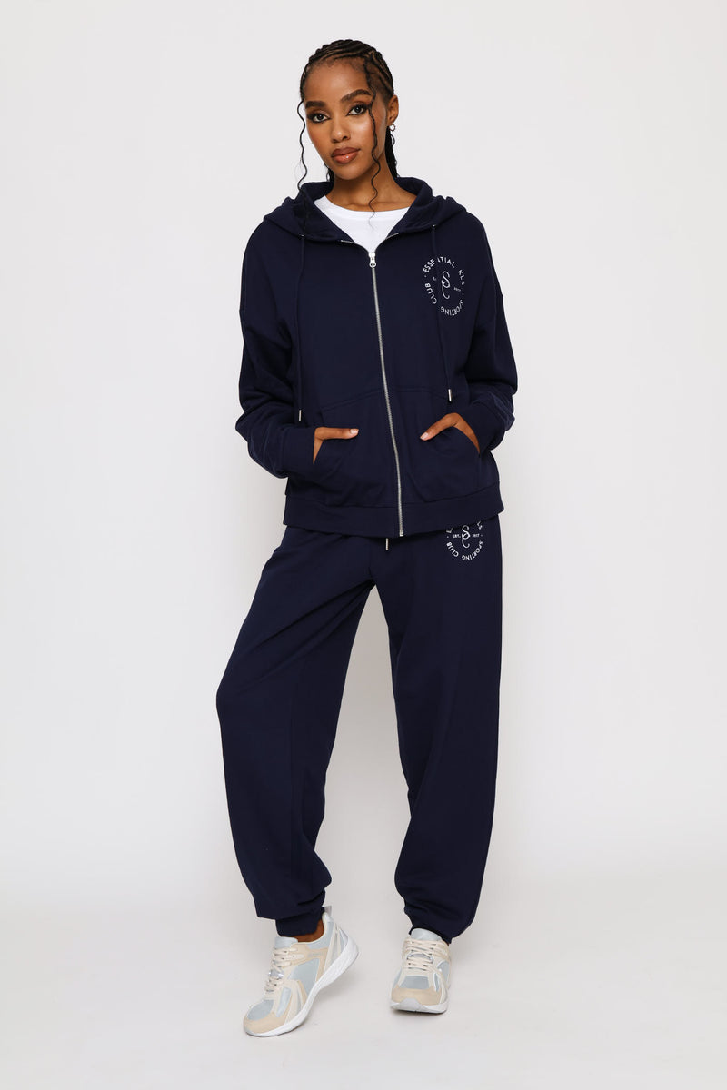 Cotton Zip Through Emblem Hoody - French Navy