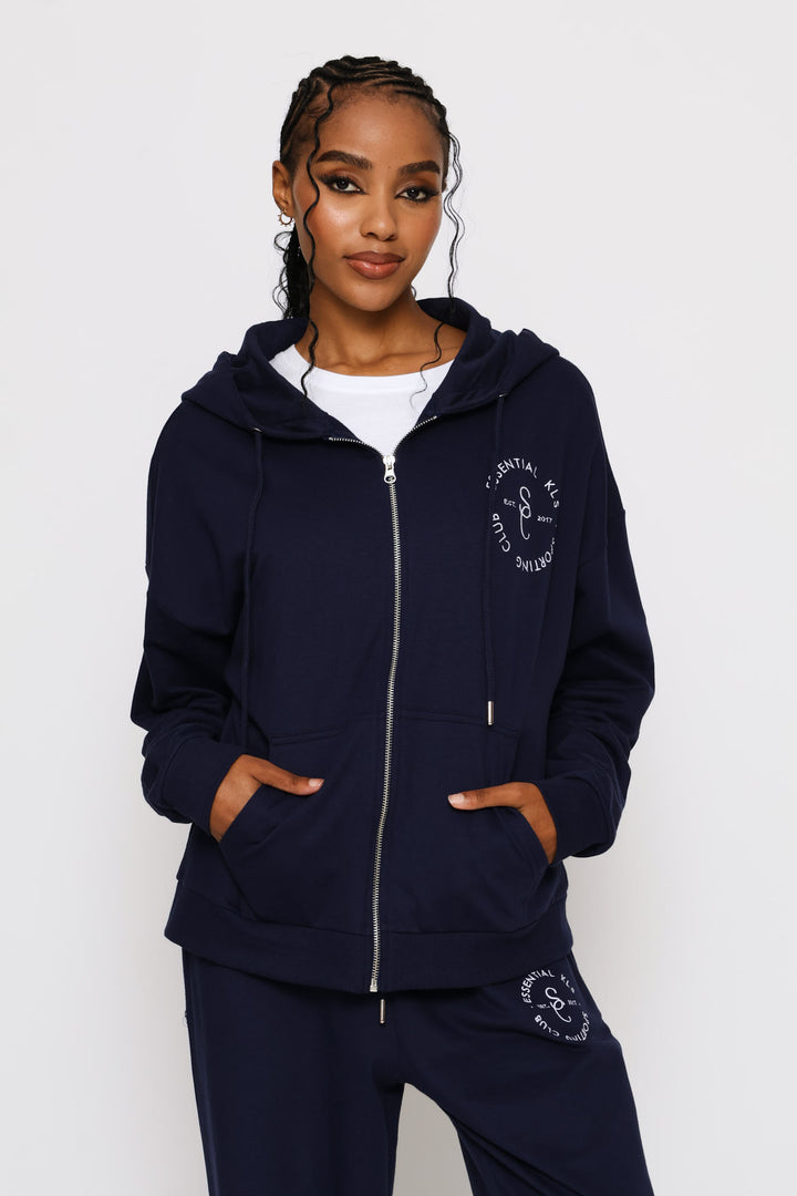 Cotton Zip Through Emblem Hoody - French Navy