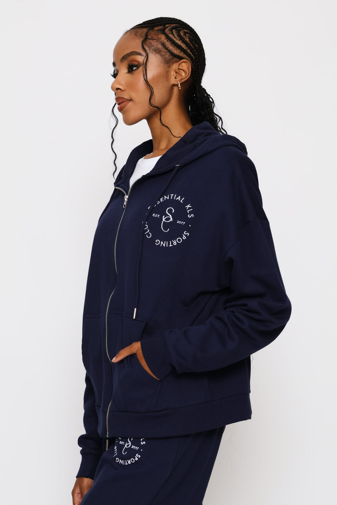 Cotton Zip Through Emblem Hoody - French Navy