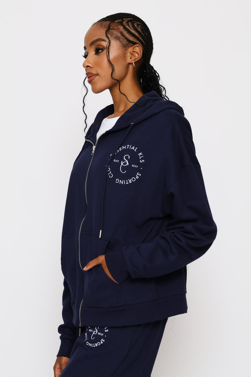Cotton Zip Through Emblem Hoody - French Navy
