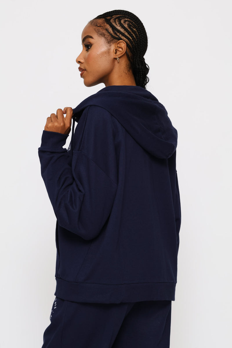 Cotton Zip Through Emblem Hoody - French Navy