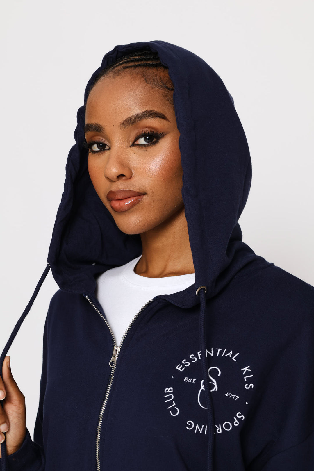 Cotton Zip Through Emblem Hoody - French Navy