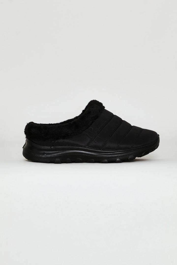 Fur Trim Nylon Paneled Mule - Black