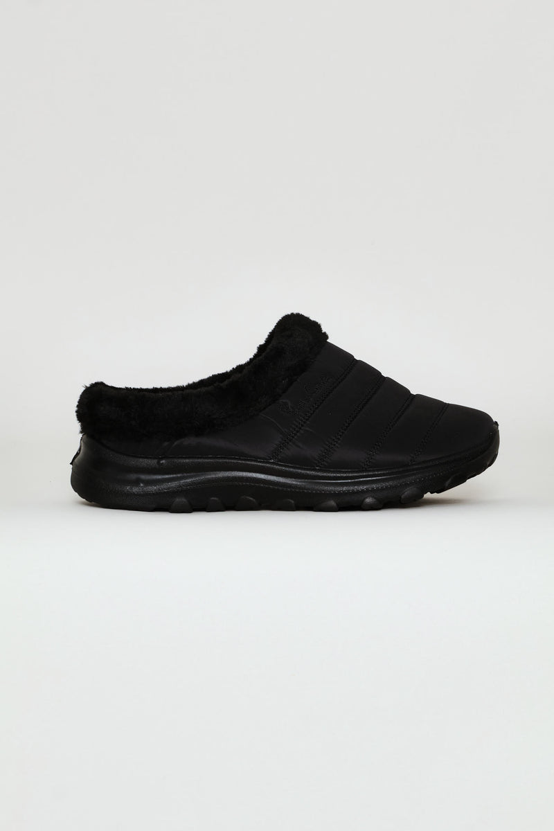 Fur Trim Nylon Paneled Mule - Black