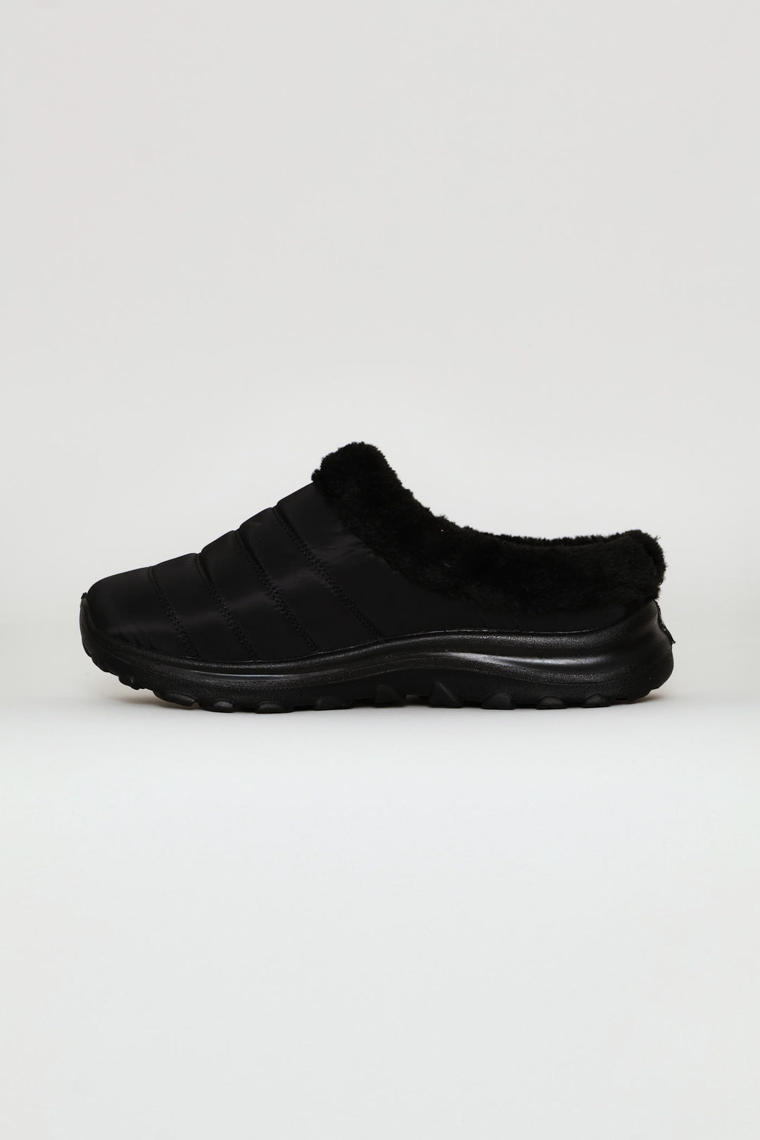Fur Trim Nylon Paneled Mule - Black