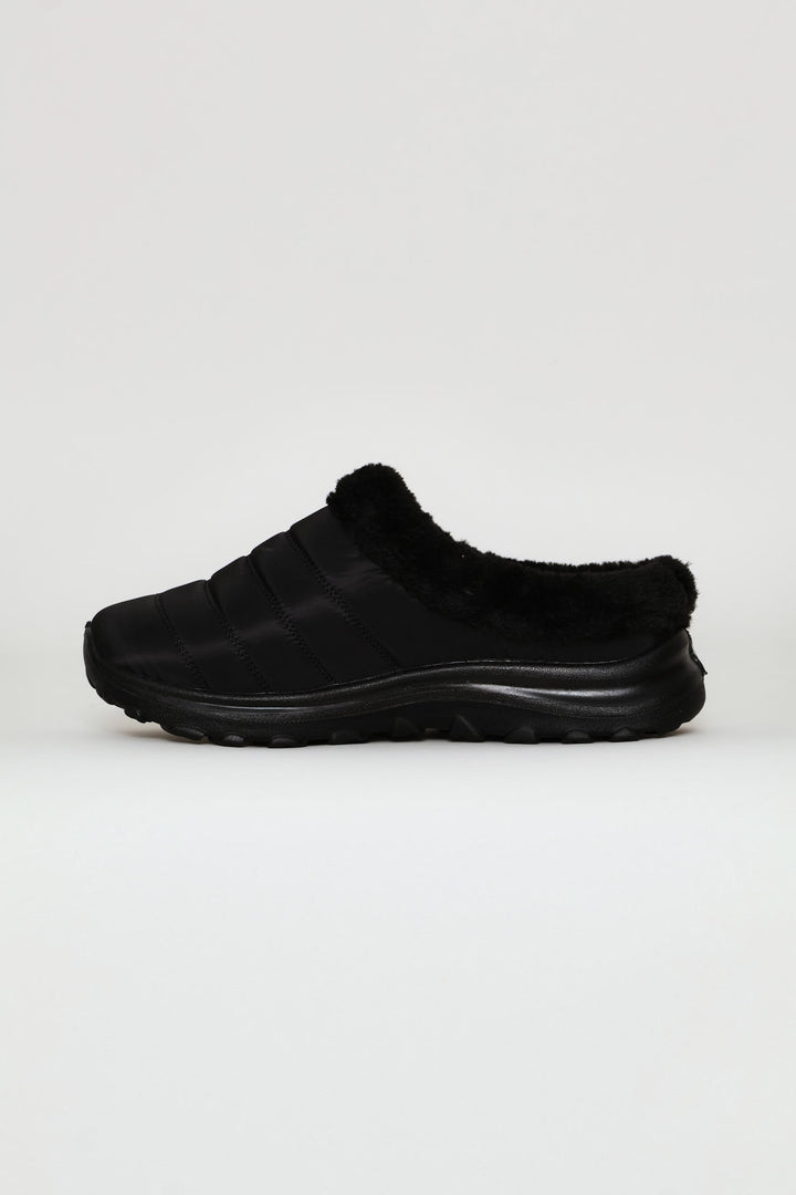 Fur Trim Nylon Paneled Mule - Black