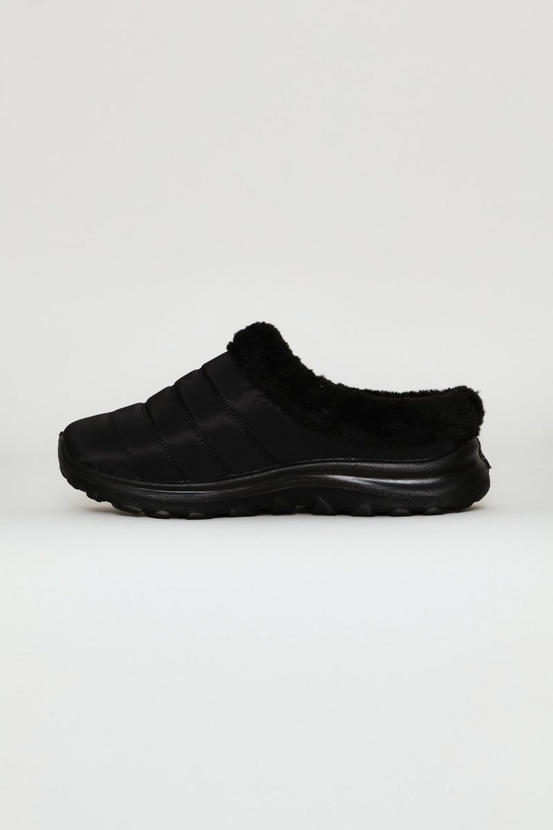 Fur Trim Nylon Paneled Mule - Black