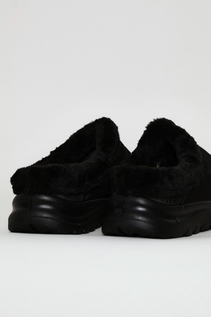 Fur Trim Nylon Paneled Mule - Black