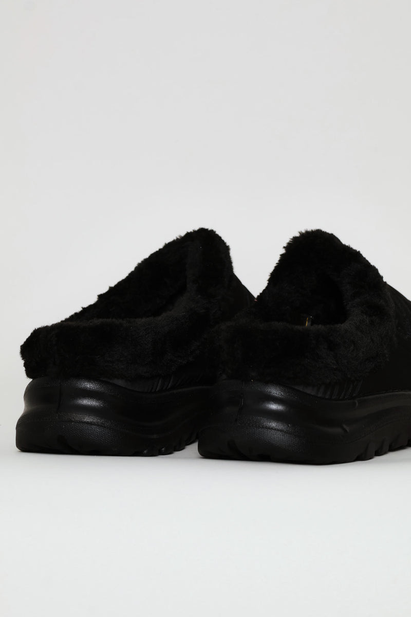 Fur Trim Nylon Paneled Mule - Black