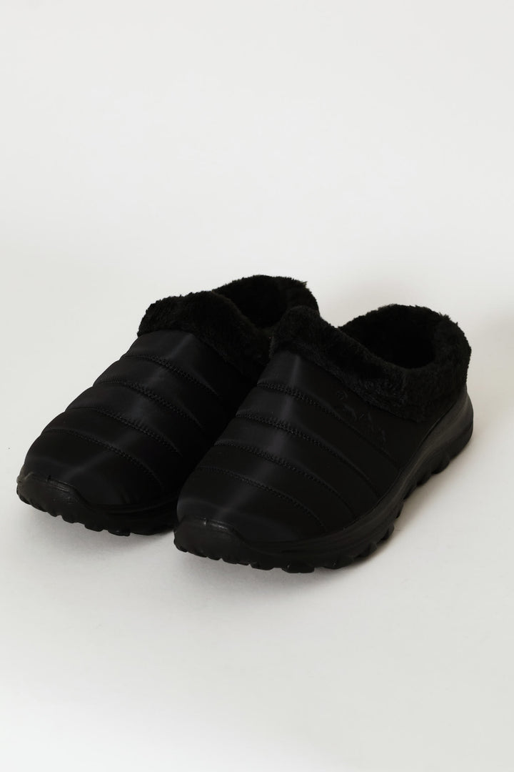 Fur Trim Nylon Paneled Mule - Black