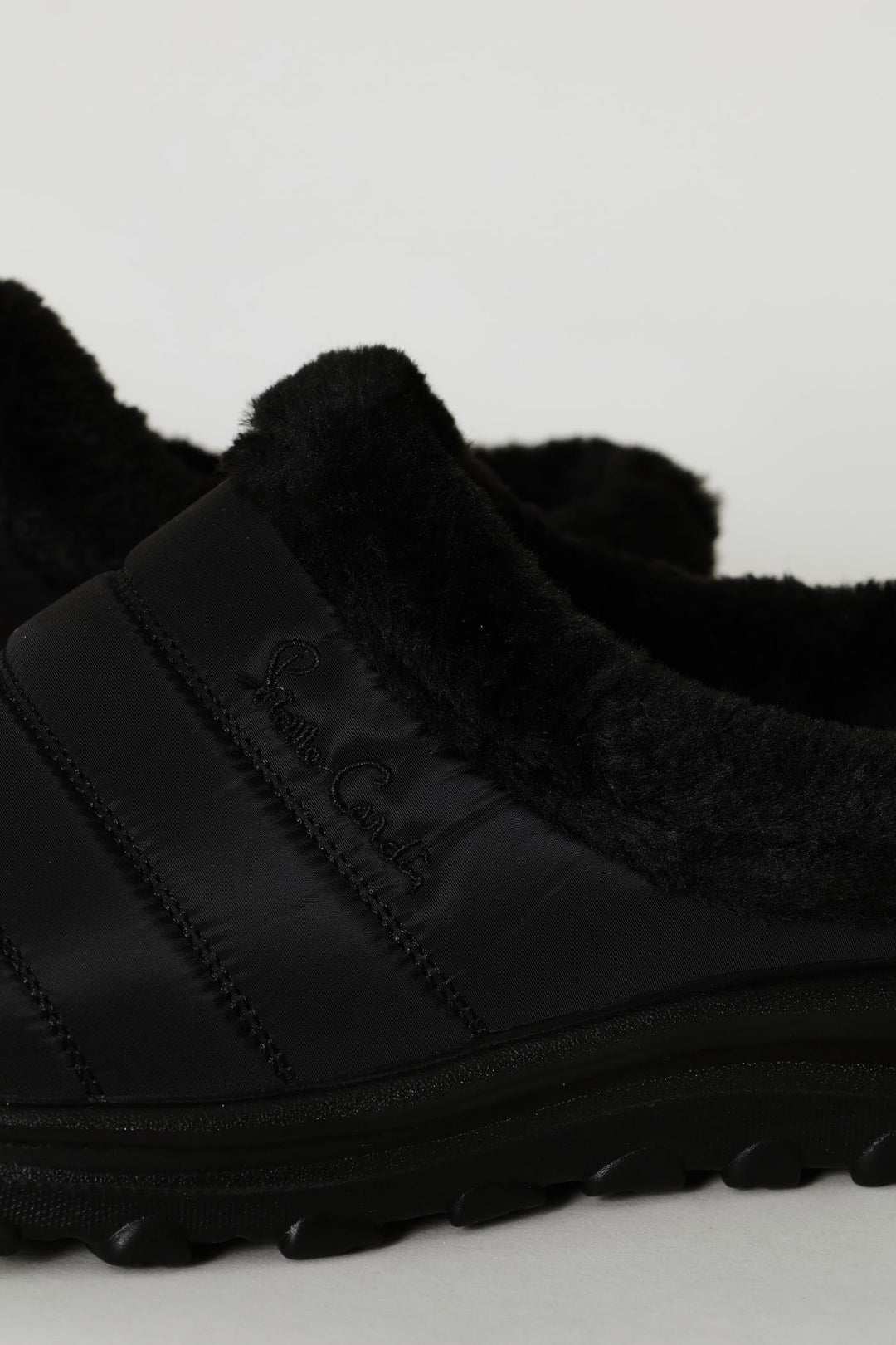 Fur Trim Nylon Paneled Mule - Black