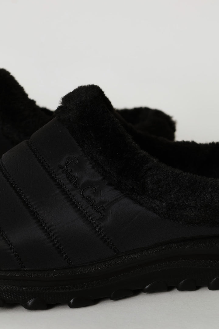 Fur Trim Nylon Paneled Mule - Black