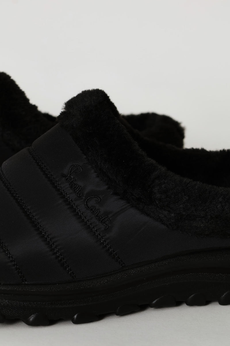 Fur Trim Nylon Paneled Mule - Black