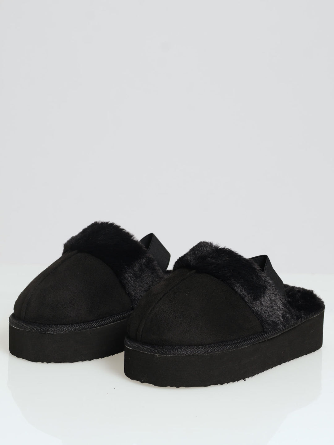 Platform Slingback Slipper With Fur Topline - Black