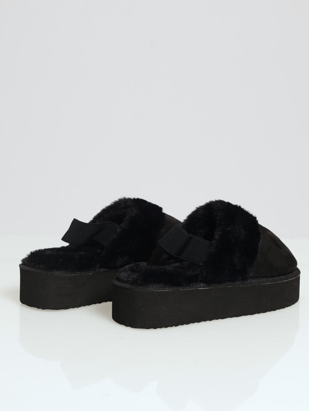Platform Slingback Slipper With Fur Topline - Black