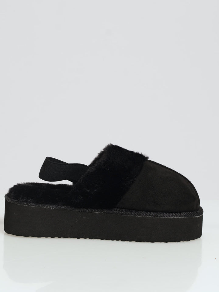 Platform Slingback Slipper With Fur Topline - Black