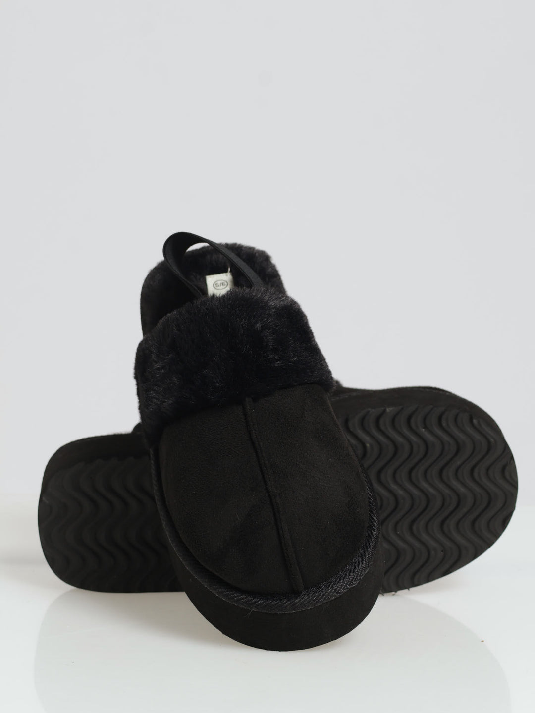 Platform Slingback Slipper With Fur Topline - Black