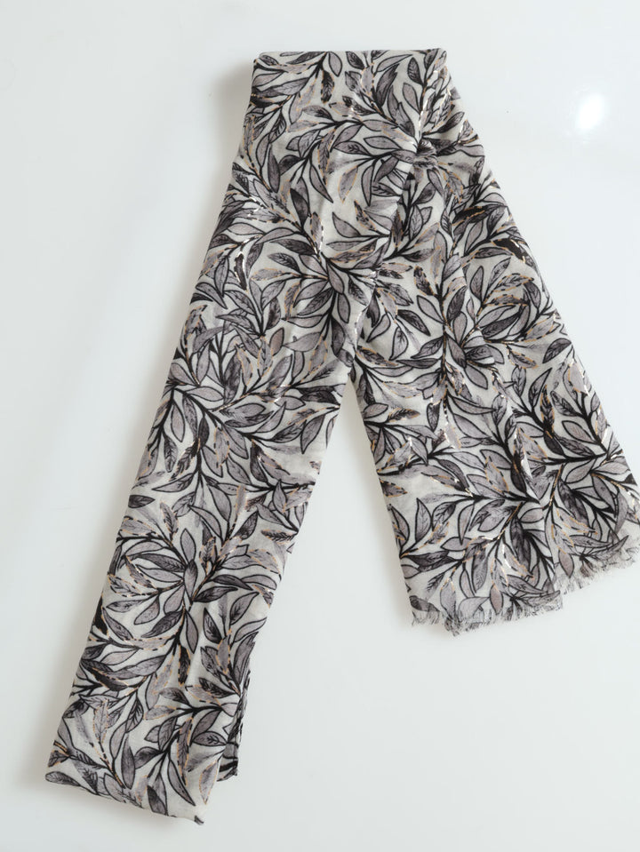 Leaf Print Gold Foil Scarf - Grey