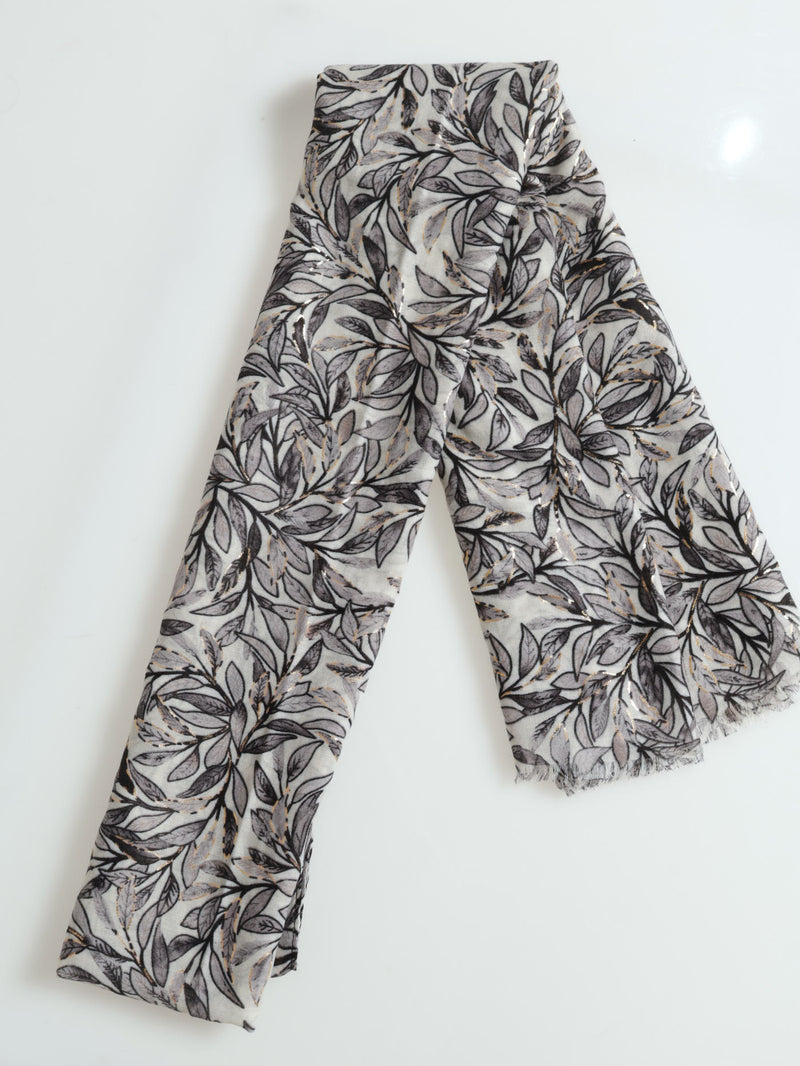 Leaf Print Gold Foil Scarf - Grey