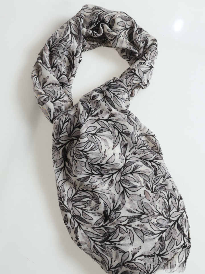 Leaf Print Gold Foil Scarf - Grey