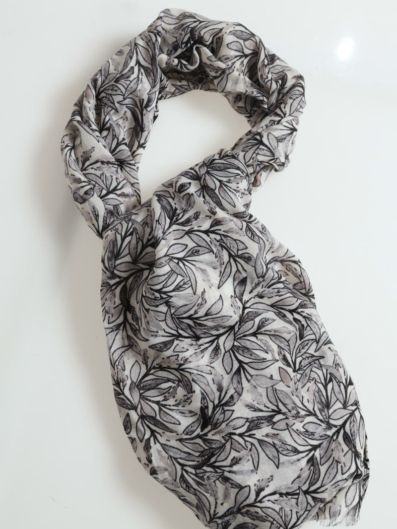 Leaf Print Gold Foil Scarf - Grey