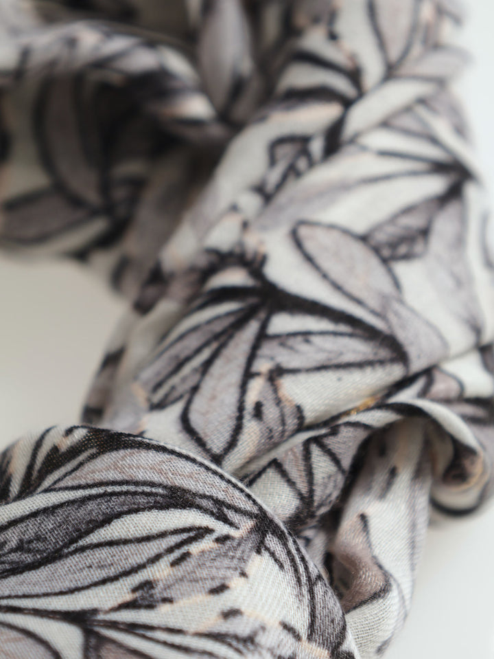 Leaf Print Gold Foil Scarf - Grey