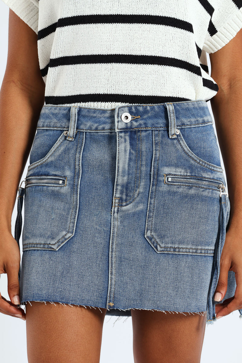Zip Detail Denim Mini Skirt - Salty Dark Wash
