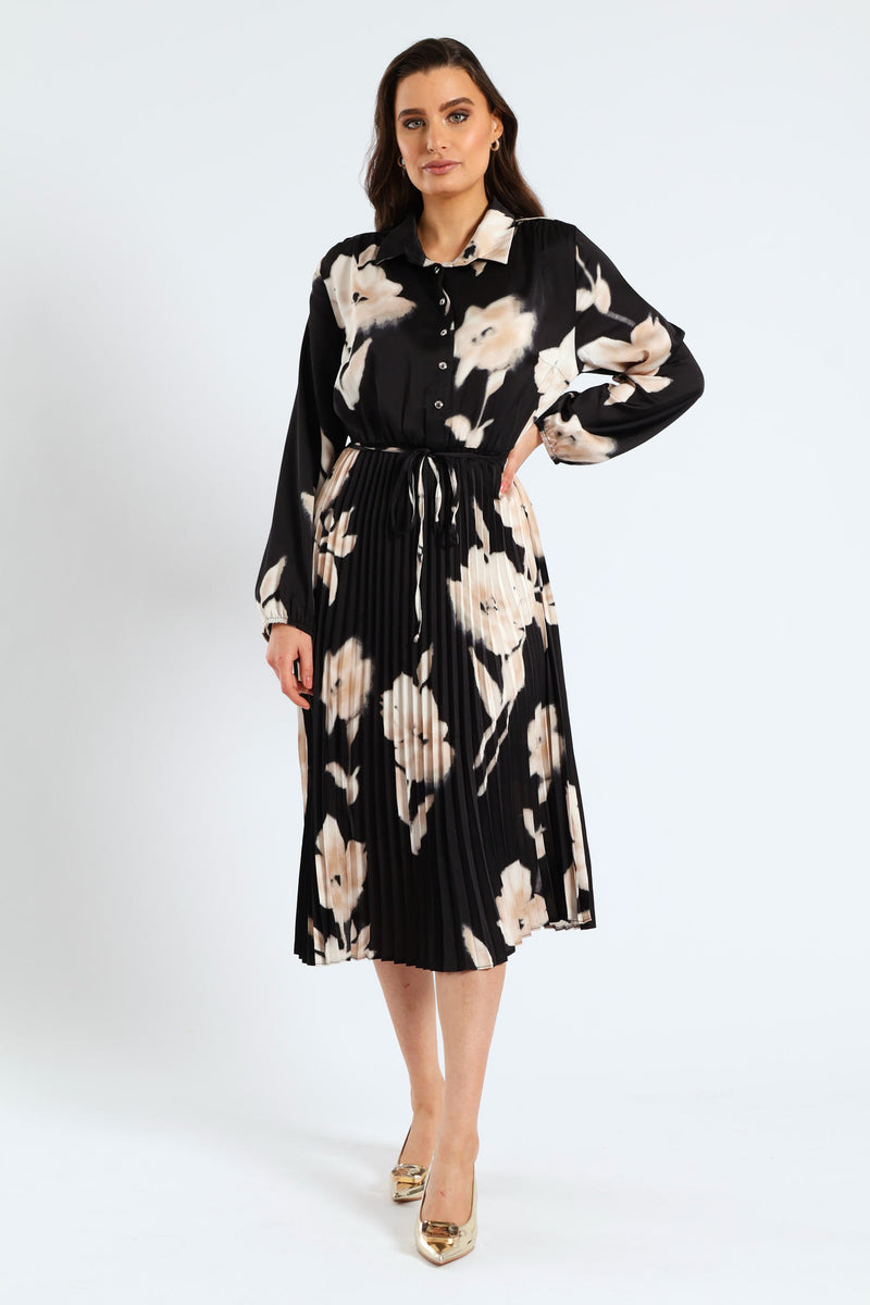 Monochrome Satin Pleated Maxi Dress - Black/Cream