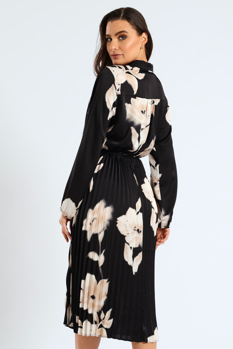 Monochrome Satin Pleated Maxi Dress - Black/Cream