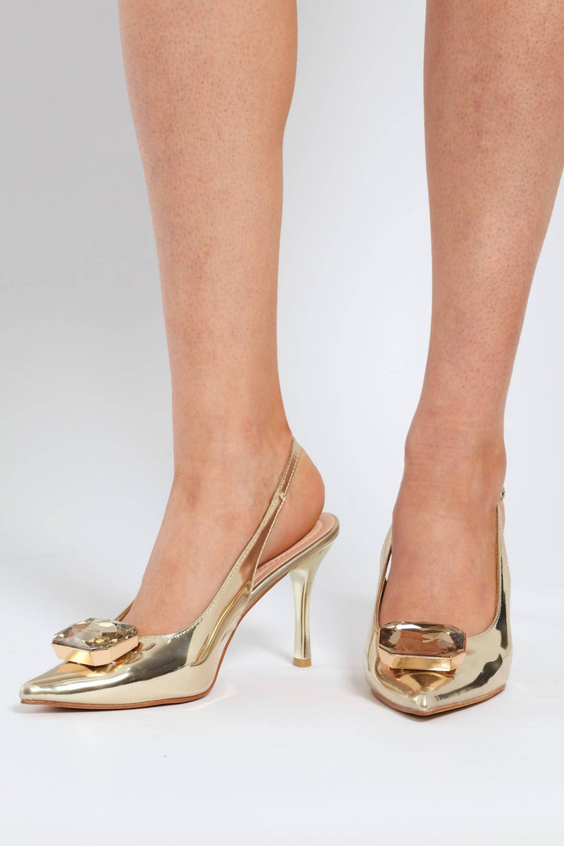 Jewel Trim Sling Back Stiletto Heel - Gold